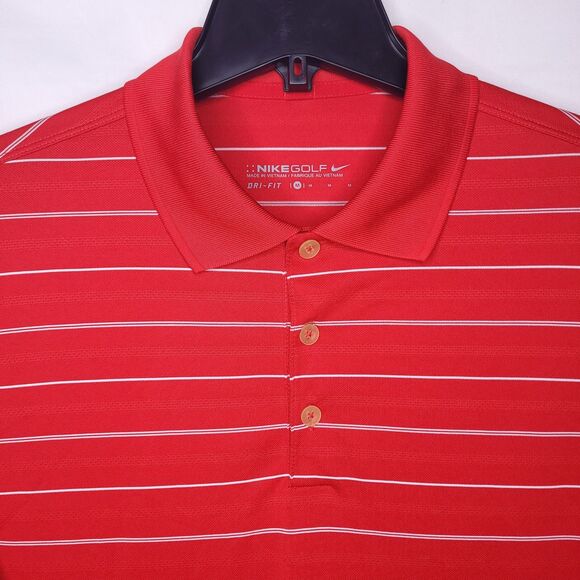 Nike Polo Shirt Mens Medium Striped Red Dri Fit Golf Swoosh - Picture 1 of 12